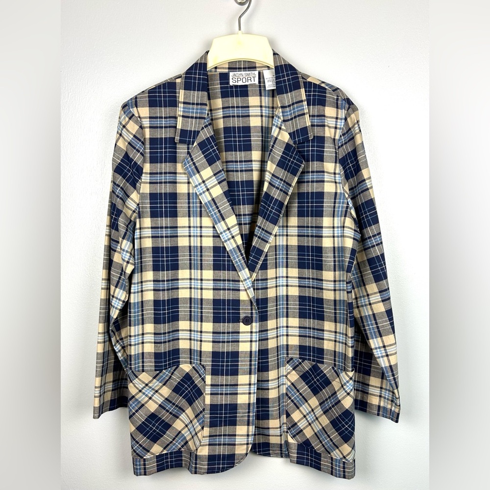 Vintage Jaclyn Smith Sport Blazer 10 Cotton‎ Blue Plaid Preppy Pockets Academia
